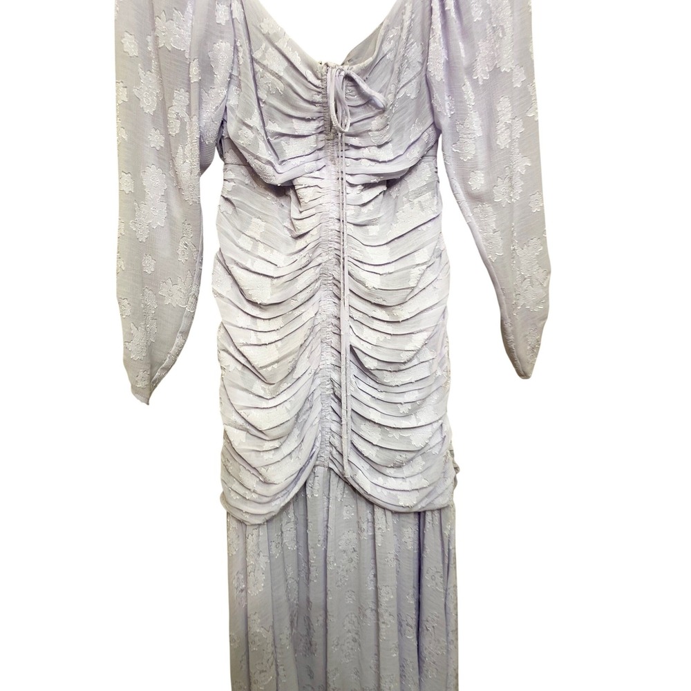 Lavender Floral Jacquard Ruched Midi‎ Dress Long Sleeve Sweetheart Neck Purple S - Picture 2 of 5